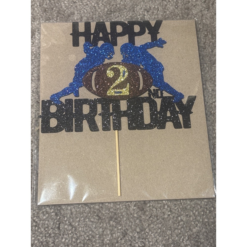 Cake Topper Football Happy 2nd Birthday Glitter Blue Brown Unisex